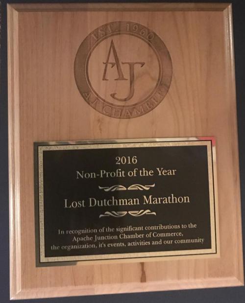 Lost Dutchman Marthon Apache Junction Non-Profit of the Year 2016 plaque